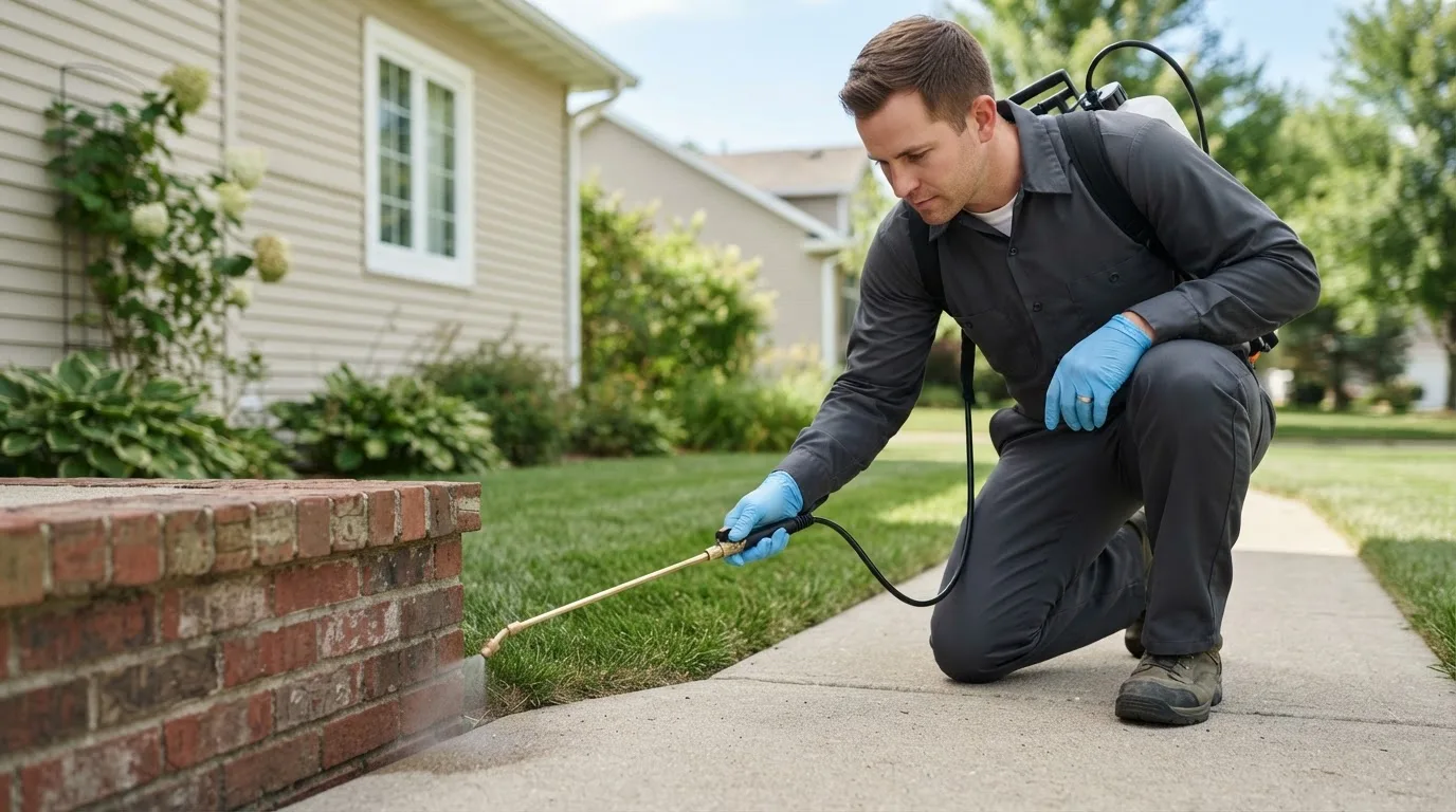 Pest control technician treating a home near O Kean, AR